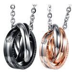 Cupimatch 2PCS Triple Rings Interlocking His& Her Matching Set Stainless Steel Couples Pendant Necklace, 18" & 20" Chain Included (Zircon Triple Rings)