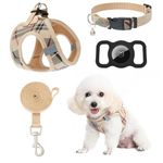 EXPAWLORER Classic Plaid Puppy Harness - Small Dog Harness and Leash Set - Dog Collar and Leash Set with AirTag Holder, Soft Padded Step in Dog Vest Harness No Pull Reflective for Outdoor, Khaki S