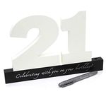 Carousel Home and Gifts Birthday signature plaque, signature numbers 21 birthday keepsake ~ White wooden number blocks with pen included, happy 21st birthday plaque, guest book sign