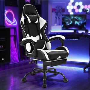 Ufurniture PU Leather Ergonomic Gaming Chair with footrest Computer Racing Chair Reclining Executive Office Chair Desk Chair for Adults Teens White & Black