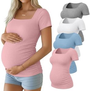 Huukeay 4 Pack Women's Maternity Shirts Cotton Ribbed Short Sleeve Square Neck Pregnancy Tops Side Ruched Summer Tee(Heather Gray, White, Light Blue, Pink,Small)