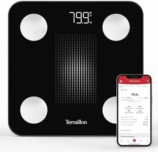 TERRAILLON - WEIGHT CONNECT - Balance connectée Bluetooth, Analyse des masses graisseuse, musculaire, hydrique et osseuse, IMC, Capacité 180 kg, Graduation 50g, Ecran LED, Plateau verre, Sérigraphié
