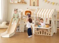 XJD 10 in 1 Toddler Slide with Playhouse, Kids Slide for Toddlers Age 1-3 with Toddler Playhouse, Toddler Play Climber Slide Playset with Basketball Hoop and Ball,Toddlers Playground (Beige)