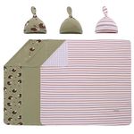 Miracle Baby 3 Pack Baby Swaddle Blanket Set with Hat, 90×90cm, Swaddle Wrap For Newborn Boys and Girls, 100% Cotton (Green+Hedgehog+Stripe)