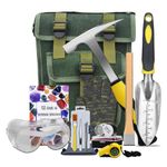 14 PCS Geology Rock Pick Hammer Kit, Gold Mining & Prospecting Equipment Tool, Musette Bag, 22oz Hammer & Digging Chisels, Shovel, Magnifying Glass, Whistle, Goggles