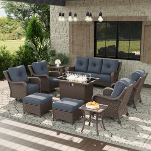 Aeeiua 10 Piece Patio Furniture Set with Fire Pit Table, All-Weather Wicker Outdoor Conversation Set with Swivel Rocking Chair and 6 Inch Thick Cushions