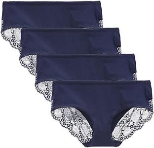 LIQQY Women's 4 Pack Cotton Mid Rise Full Coverage Lace Hipster Brief Panty Underwear (Small, Navy Blue)