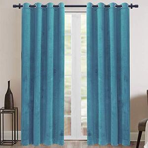 Rose Home Fashion Velvet Blackout Curtain Set with Eyelet, 2 Panels Thermal Insulated Velvet Curtains for Living Room Bedroom, 66 X 90(W X L), Teal