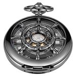 Tiong Black Rudder Pattern Double Opening Case Men's Mechanical Pocket Watch, Skeleton Unique Mechanical Roman Numeral Pocket Watches for Men