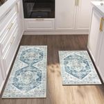 Cekene Oriental Kitchen Runner Mats Non-Skid Distressed Kitchen Rug Runner Machine Washable Short Pile Floor Mat for Kitchen Entryway Bedroom Laundry Room(Blue,50x80cm+50x120cm)