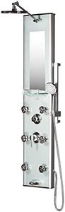 Kihei II ShowerSpa Panel with 8" Rain Showerhead -Tempered Glass Finish & Chrome Fixtures, 2.5GPM- Rain Shower Head with Handheld Spray, 6 Body Spray Jets, 5-Function Handheld Shower Head, Slide Bar