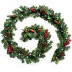 WeRChristmas Pre-Lit Natural Pine Cone and Berry Decorated Garland with 40 Cool White LED Lights, Red, 9 feet