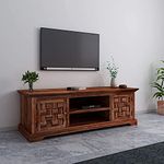 Shari Karni Handicraft Solid Sheesham Wood TV Stand Entertainment Cabinet with 2 Shelf and 2 Door Storage for Living Room Bedroom Hall Television Wooden Furniture (Brown Finish)
