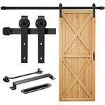 Signstek 5ft Sliding Barn Door Hardware Kit Heavy Duty with Door Hook and 2 Handles-Smoothly and Quietly, Easy Installation- Fit 1 3/8-1 3/4" Thickness-Black -J Shape Hanger