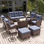 LayinSun 10 Pieces Outdoor Patio Furniture Set with Fire Pit Table, Rattan Wicker Sectional Swivel Rocker Chairs Sets with Ottomans, Swivel Glider Chair, Single Chairs and Coffee Table