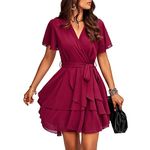 TcIFE Women's Solid Casual Dress V Neck Short Sleeve Ruffle Hem Belted Dress High Waist Short Mini Dress, WineRed, L