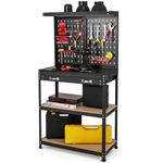 COSTWAY Workbench with Pegboard, Metal Garage Work Bench with 13 Hanging Accessories & Drawer, Heavy Duty Tool Storage Workstation Unit for Workshop Warehouse, 80x41x156cm, 290kg Capacity (Red+Black)