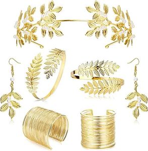 Adramata 7 Piezas Juego de Diosa Griega Accesorios para Mujer, Dorado Hojas de Laurel Corona, Brazalete Dorado, Oro Pendientes de Perlas, Joyas de Boda Nupcial, Joyería de Fiesta de Halloween,A