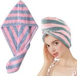 Fast Dry Microfibre Hair Towel, MH MOIHSING Hair Towel Wrap for Women Microfiber Absorbent Towel, Quick Drying Lady Towel with Button Soft Hair Turban Bath Head Wrap Hat Spa Cap, 1 Pack