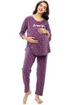 ZEYO Women's Cotton Heart Printed Purple Maternity & Feeding Night Suit Set Night Suit Set Top & Pajama Set Nursing Night Dress 5629 (2XL)