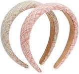 Tweed Plaid Padded Headbands for Women, Girls, Teens (Pink and Beige, 2 Pack)