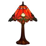 Bieye L30021US Baroque Tiffany Style Stained Glass Table Lamp Night Light with 13 Inches Wide Handmade Lamp Shade Zinc Base for Bedside Bedroom Living Room Coffee Table, Red, 19-inch Tall…