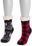 Muk Luks Women's Cabin Sock, 2 Pairs, Black and Red, S/M