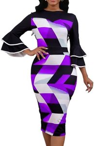 Purple Church Dress Women Bodycon Elegant Afican Print Crewneck 3/4 Ruffles Sleeve Office Midi Knee Split Dresses with Zipper