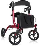GYMAX Aluminum Walker, Foldable Four Wheels Medical Rollator with Seat & Carrying Bag, 5 Adjustable Height Folding Walking Mobility Aid Rollator for Elderly and Disabled User (Red)
