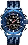 NAVIFORCE Men Waterproof Sports Watches Stainless Steel Military Quartz Analog-Digital Wristwatches (Blue)