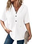 Dokotoo Hoodies for Women Oversized Waffle Knit Drawstring Button V Neck Short Sleeve Shirts Casual Lightweight Pullover Sweatshirt Blouse Tops Comfy Fall Fashion Outfits Clothes 2024 White Medium