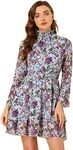 Allegra K Women's Floral Dress Chiffon Long Sleeve Mock Neck Ruffle Layered Sheer Smock Waist Mini Dresses Blue Large