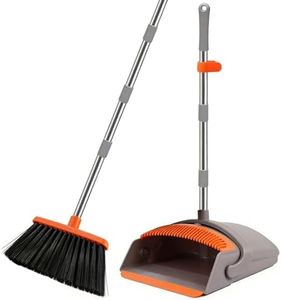 PUTNATRUE Broom with Standing Dustpan Combo Set, 52" Long Handle Self-Cleaning Teeth, 5-Row Stiff Bristles Angled Head, TPR Rubber Lip for Kitchen Pet Hair Sweeping Indoor Outdoor