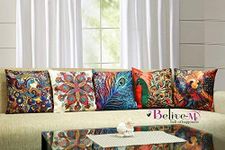 Belive-Me 3D Digital Printed Peacock Multicolour Cotton Jute Cushion Cover - Set Of 5(16X16-Inches)