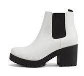 Soda Top Shoes Jaber Ankle Boot W Lug Sole Elastic Gore and Chunky Heel (White PU, WIDE, 8.5), White Pu, 8.5 Wide