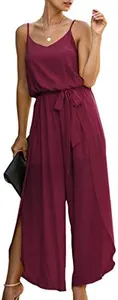 ECOWISH Women Long Pants Jumpsuit: Spaghetti Strap Casual Wide Leg Romper Summer V Neck Flowy Overalls with Belt Wine Red L