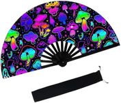 dmjuncong Large Folding Hand Rave Fan,Clack Handheld Fan with Fan bag,for Music Festivals,Carnival,Rainbow Outfits,Disco Party,Neon Party, Glow Party Decorations Supplies.Mushrooms