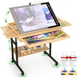 QDKGH Wooden Puzzle Table with Drawers, 1500 Piece Puzzles for Adults & Puzzle Enthusiasts with Adjustable Height & Tilt, Felt Surface, Metal Stand with Lockable Wheels, Puzzle Storage Box and Cover