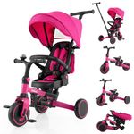 INFANS 9-in-1 Foldable Toddlers Tricycle, Converts Stroller to Balance Bike with Adjustable Push Handle, Canopy & Backrest, Pedal Conversion, Retractable Rear Wheels for 1-6 Years (Pink)