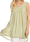 Sakkas 16521 - Rita Womens Picot Trim V Neck Tank Blouse with Seqins and Embroidery - Green - OS