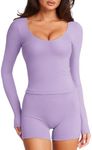 LASLULU Sexy V Neck T Shirts Long Sleeve Double Lined Tops for Women Gym Athletic Shirts Casual Fitted Tee Basic Tops with Built in Bra(Violet XX-Large)