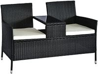 Outsunny Outdoor Patio Loveseat Conversation Furniture Set, Cushions & Built-in Coffee Table, Small 2-in-1 2 Person Seating for Front Porch, Balcony, Black