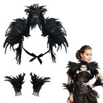 Audasi Womens Natural Feather Cape with Wrist Cuffs Gothic Lacing Shawl Shrug Collar Realistic Feather Cloak Costume Black Feather Cape Fancy Dress Outfit for Halloween Cosplay Christmas Party