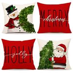 Mevers Christmas Pillow Covers 18x18 Set of 4, Farmhouse Christmas Decorations Snowman Wreath Santa Claus Tree Merry Christmas Holly Jolly Winter Holiday Decor Throw Cushion Case for Home Couch