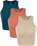 ODODOS 3-Pack Seamless Tank for Women Rib-Knit Soft Sleeveless High Neck Tank Tops, Waist Length, Beige+Coral+Teal, X-Small/Small