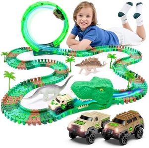 Dinosaur Glow in the Dark Race Train Track Toy for Boys & Girls Ages 3, 4, 5, 6, and 7, Let Your Kids' Imagination Bring Dino's Journey Adventure to Life (159 Pcs) DinoManiacs by JitteryGit