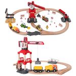 WINB Wooden Train Tracks 70pcs & Construction site Wooden Train Track, Gift Packed Toy Railway Kits for Kids, Toddler Boys and Girls3,4,5 Years Old and Up– Premium Wood Construction Toys-Fits 70pcs