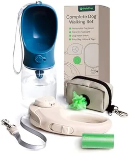 MalsiPree Retractable Dog Leash Set with Dog Poop Bag Holder, 12oz Dog Water Bottle, Flashlight & 20 Poop Bags - 9.8ft Dog Leash Retractable with Easy 1 Hand Locking (Sand & Teal)