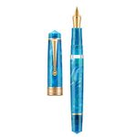 Asvine P20 Piston Fountain Pen Blue Resin, Iridium Medium Nib Gold Trim Smooth Writer Collection with Case Set