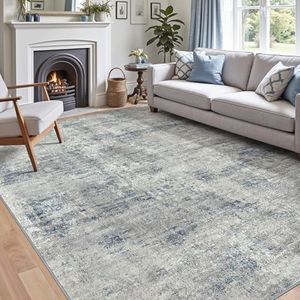 DEXI Area Rug Washable, 5x8 Non Slip Living Room Rugs Low Pile, Soft Abstract Accent Carpet for Rustic Vintage Farmhouse Bedroom Hallway Dining Hardwood Floors, Grey Blue